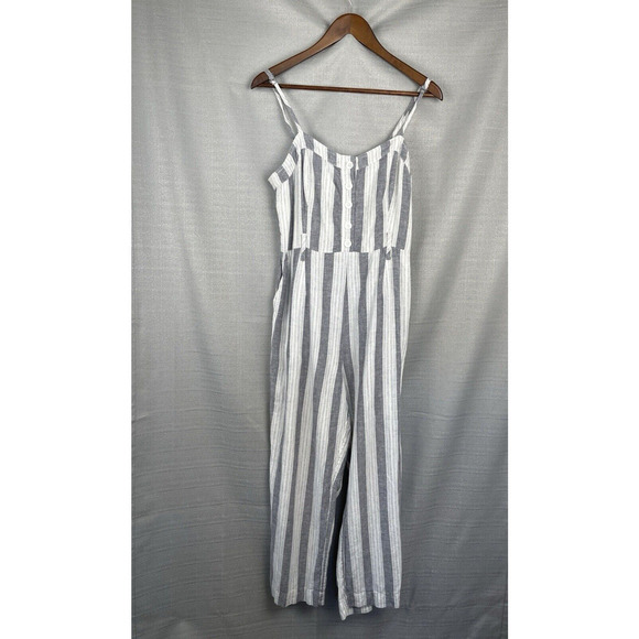 Rails Linen Jumpsuit Womens Size L Harper Laguna Stripe Grey White Beach Coastal - Picture 1 of 6